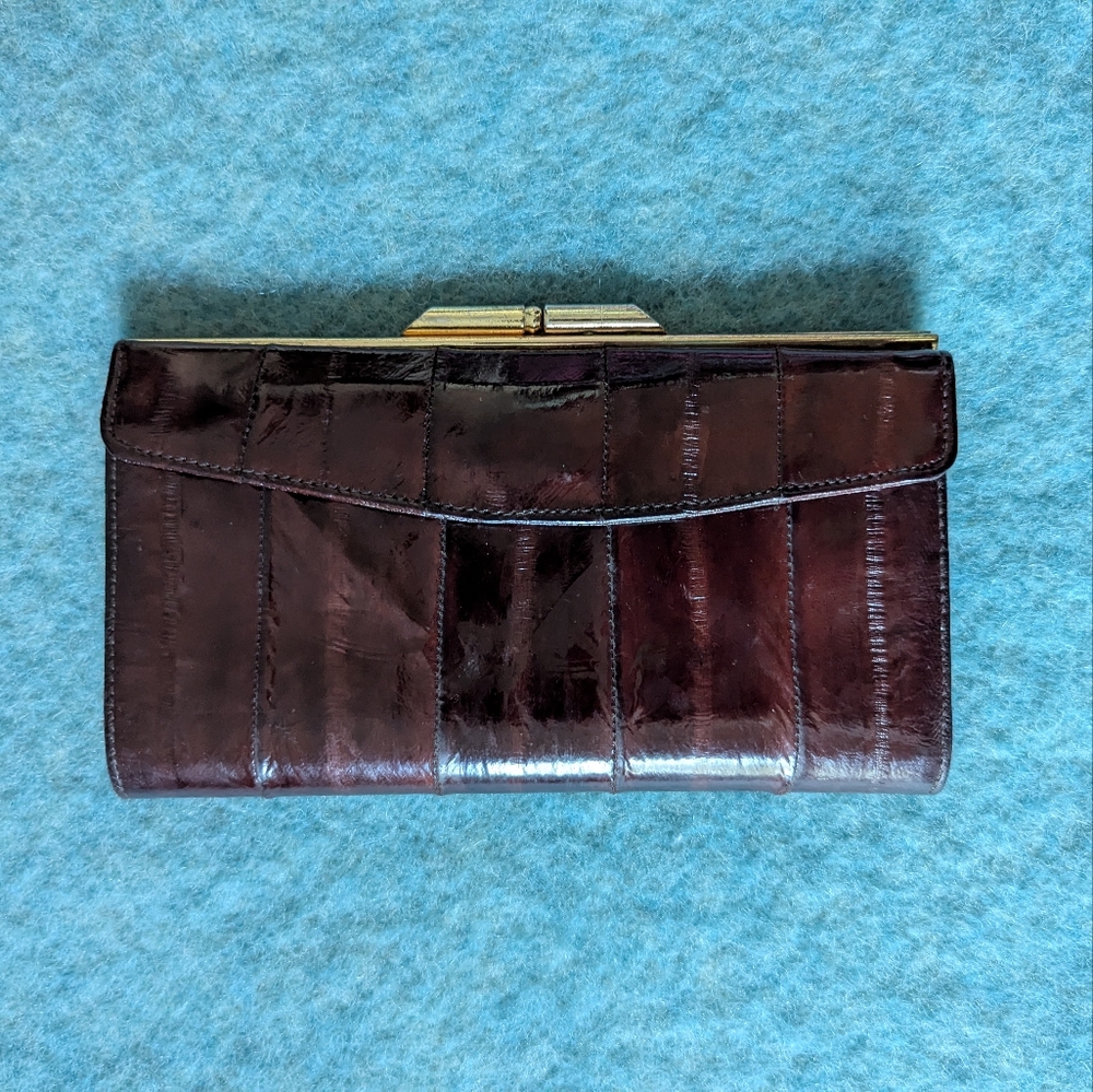 Vintage Eel Skin Wallet With Gold Accents Card Slots Bill Holder Brown Maroon